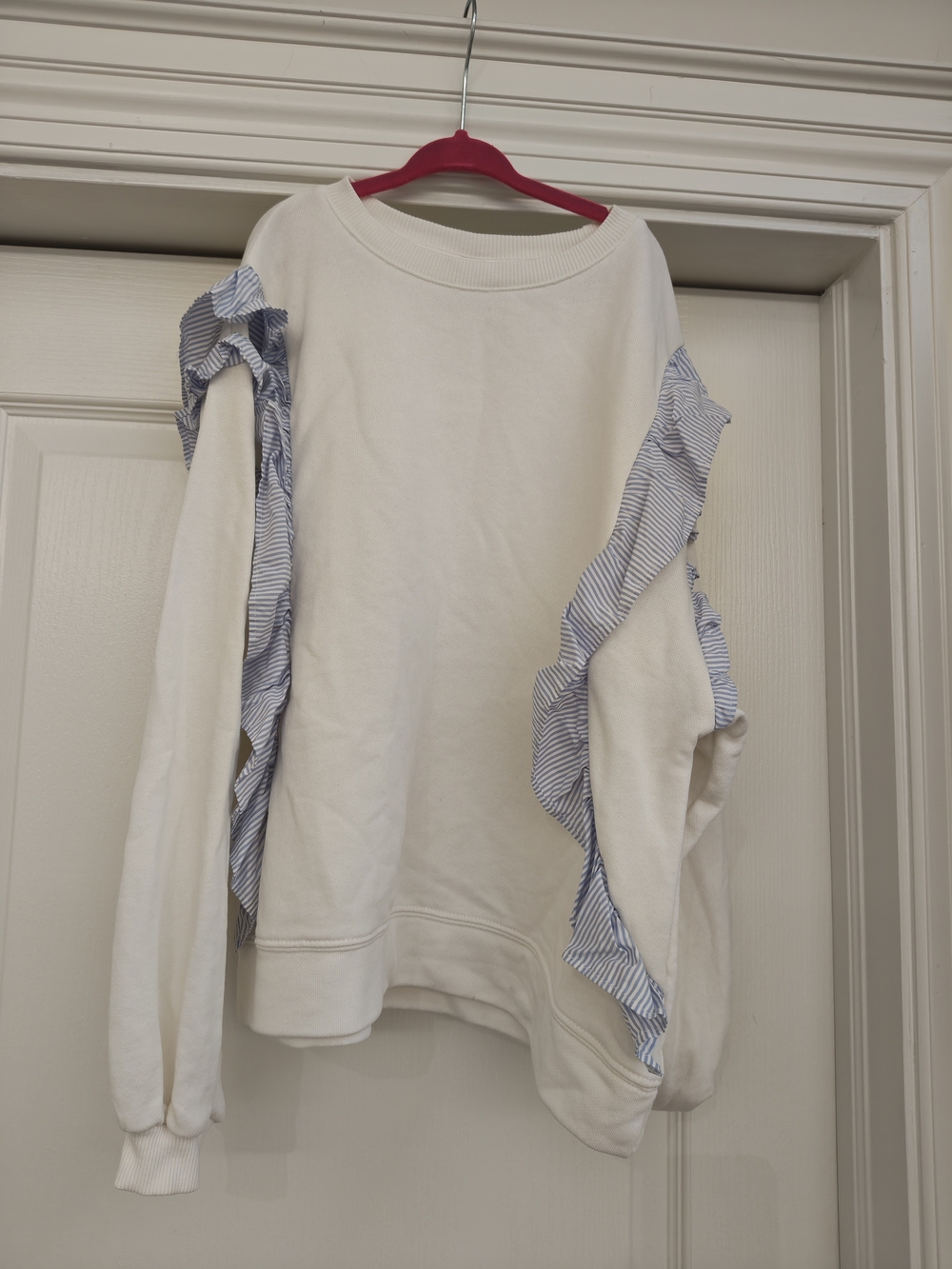 Zara White Sweatshirt with Blue Stripe Ruffle Trim